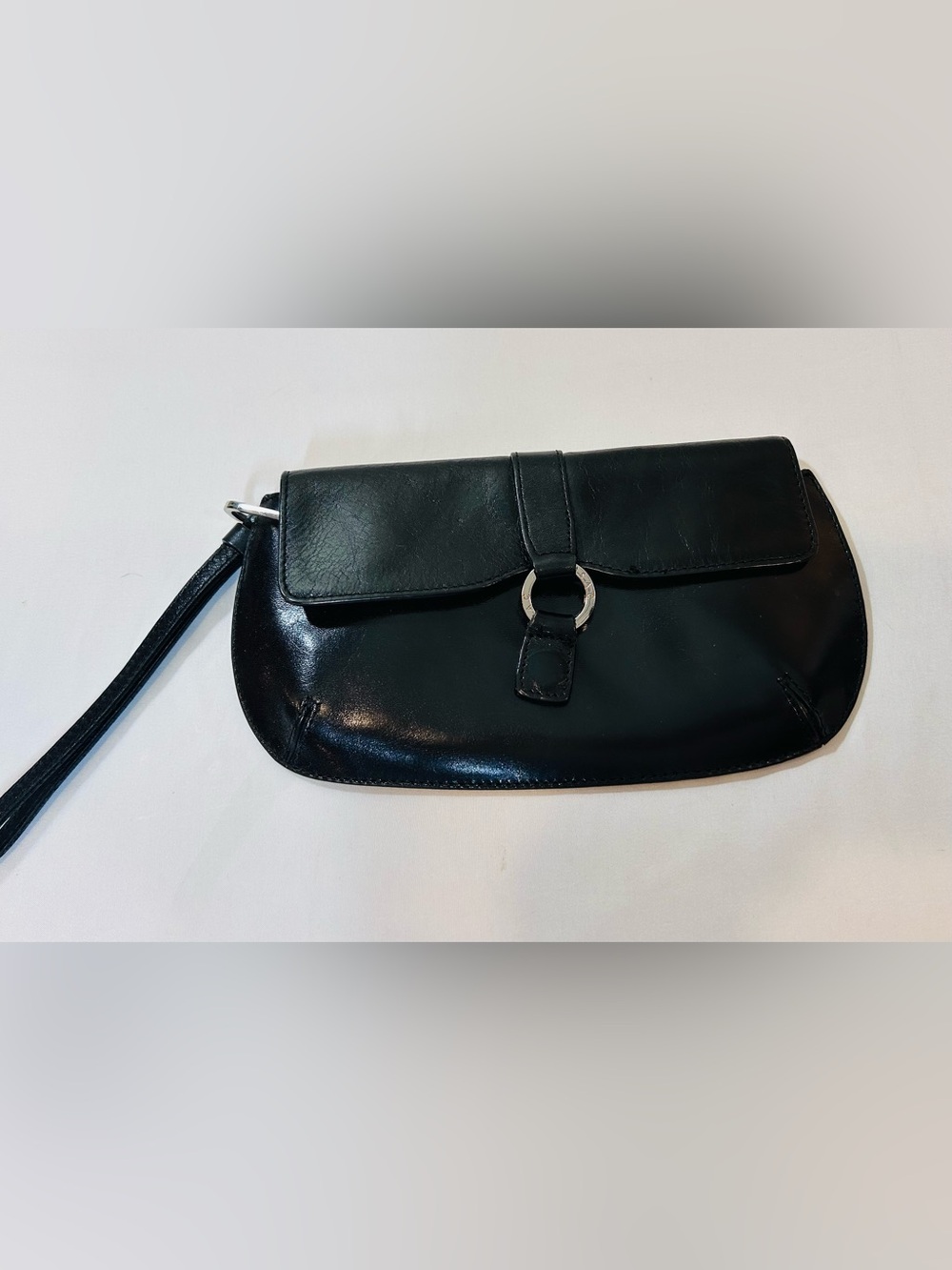Vintage Monsac Original Black Leather Wristlet Clutch Front Clasp EUC